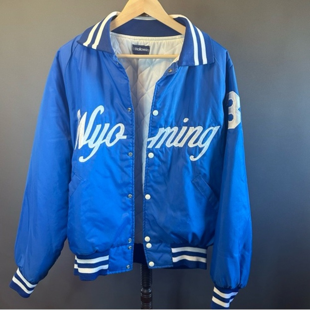 Vintage 90s Wyoming 36 Holloway Blue and White Varsity Bomber Jacket Men's - Picture 7 of 14